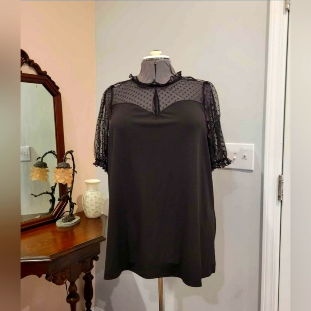 NEW 3X Sheer Shoulder/Sleeve Blk Blouse
